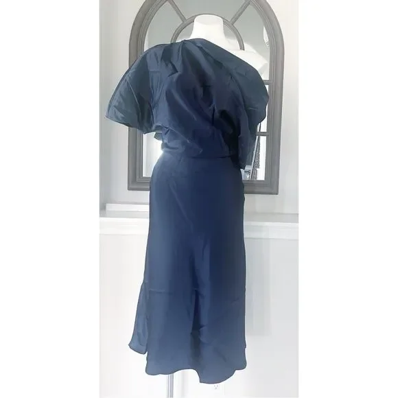 Amsale NAVY One Shoulder Fluid Satin Cocktail Midi Dress, NWT, Size 4 - Picture 7 of 13